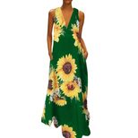 Bohemian Sunflower Print Maxi Dress V Neck Sleeveless Pocket Design Summer Casual Wear Wholesale