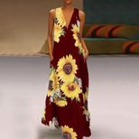 Bohemian Sunflower Print Maxi Dress V Neck Sleeveless Pocket Design Summer Casual Wear Wholesale