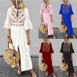 Bohemian A Line Dress Loose Fit Mid Sleeve Floral Print Color Block Casual Wear for Summer Whole