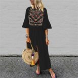Bohemian A Line Dress Loose Fit Mid Sleeve Floral Print Color Block Casual Wear for Summer Whole