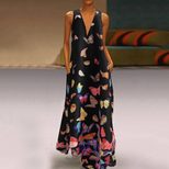Bohemian Butterfly Print Maxi Dress V Neck Sleeveless Plus Size Summer Beachwear Wholesale Avail