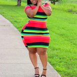 Plus Size Red Striped Dress Slim Fit Short Sleeve Comfortable Fabric Summer Fashion for Women Wh