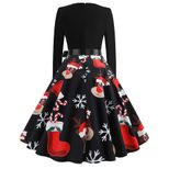Vintage Floral Print Long Sleeve A Line Dress Round Neck Festive Style Perfect for Christmas Cel