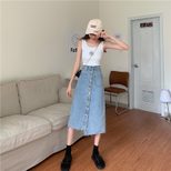 2022春夏新款不规则牛仔半身裙女高腰单排扣高腰中长款显瘦a字裙