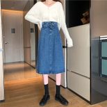 2022春秋新款牛仔半身裙女中长款包臀高腰a字裙开叉显瘦百搭长裙