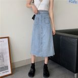 2022春夏新款不规则牛仔半身裙女高腰单排扣高腰中长款显瘦a字裙