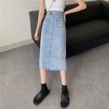 2022春夏新款不规则牛仔半身裙女高腰单排扣高腰中长款显瘦a字裙