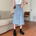 2022春夏新款不规则牛仔半身裙女高腰单排扣高腰中长款显瘦a字裙