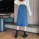 2022春秋新款牛仔半身裙女中长款包臀高腰a字裙开叉显瘦百搭长裙
