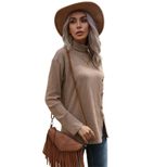 Womens Long Sleeve T Shirt Asymmetrical Design High Neck Solid Color Khaki Green Fall Winter Wholesale