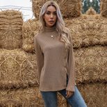 Womens Long Sleeve T Shirt Asymmetrical Design High Neck Solid Color Khaki Green Fall Winter Wholesale