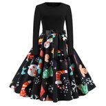 Vintage Floral Print Long Sleeve A Line Dress Round Neck Festive Style Perfect for Christmas Cel