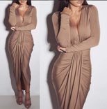 V Neck Long Sleeve Ruched Dress Cotton Blend Sexy Fashionable Nightclub Wear Wholesale Available