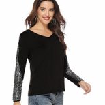 Sequin Patchwork Long Sleeve V Neck T Shirt for Women Autumn Winter Fashion Casual Wear Wholesal