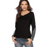 Sequin Patchwork Long Sleeve V Neck T Shirt for Women Autumn Winter Fashion Casual Wear Wholesal