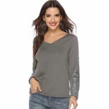 Sequin Patchwork Long Sleeve V Neck T Shirt for Women Autumn Winter Fashion Casual Wear Wholesal