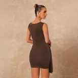 Summer Dress Brown Ruffled Waist Tie Sleeveless Bodycon Style Casual or Evening Wear Wholesale A