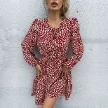 Burgundy Floral Print Long Sleeve Dress for Women Round Neck A Line Silhouette Casual Wear