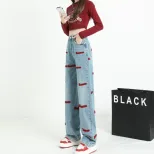 跨境新款2023年春款美式设计感刺绣直筒牛仔裤女装小众阔腿裤女