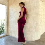 Velvet Backless Maxi Dress with Metal Buckle Waist Detail for Elegant Occasions in Red Sizes S to XL
