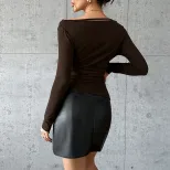 Irregular Hem Long Sleeve Top Small V Neck Waist Cinching Design Elegant Style Perfect for Casua