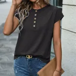 Casual Short Sleeve T Shirt for Women Round Neck Button Front Solid Color Versatile Everyday Wea