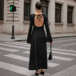 Black Polka Dot Maxi Dress for Women Long Sleeve Open Back Slim Fit Adjustable Tie Spring Summer