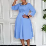 Plus Size Womens Dress Elegant Solid Color Ruffled Design Square Neck High Waist Fashion for Cas