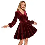 Vintage Velvet V Neck Dress with Puff Sleeves and Ruffled Hem Elegant Cocktail Gown in Red
