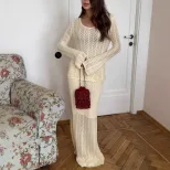 Two Piece Set Hollow Knit Skirt and Long Sleeve Top French Vacation Style Cotton Casual Ready to