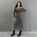 Fashionable Womens High Waist Solid Color Midi Dress Simple Design Halter Neck Slim Fit Autumn W