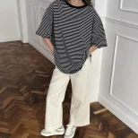 Womens Black and White Striped Short Sleeve T Shirt Color Block Loose Fit Round Neck Casual Top