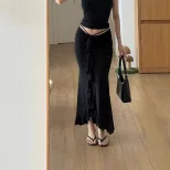 French Style Ruffled Hem Midi Skirt Low Waist Pleated Design Elegant Fit Perfect for Autumn Fash