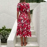 Vintage Floral Print V Neck Split Maxi Dress Summer Fashion for Women Elegant and Romantic Style