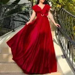 Plus Size Womens V Neck Solid Color Ruffled Hem Long Dress Elegant Pleated Design Perfect for Fo