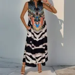 Vintage Style Sleeveless Zebra Print Dress Stand Collar Bohemian Design Elegant Look Perfect for
