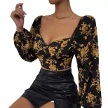 Vintage Floral Print T Shirt Short Puff Sleeves Square Neckline Lightweight Fabric Spring Summer