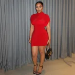 Slim Fit Solid Color Bodycon Dress for Women High Neck Short Sleeve Waist Cinching Fashionable f