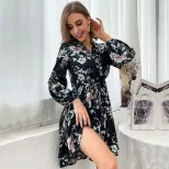 Vintage Black Long Sleeve Printed Dress for Women Autumn Winter Fashion Wholesale Available low