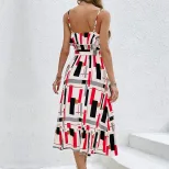 Elegant Ruffled Hem Geometric Print Maxi Dress Colorful Trendy Sleeveless Perfect for Summer Eve