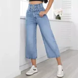 High Waisted Wide Leg Jeans Straight Cut Cropped Length Denim Fabric Casual Wear for Women Whole
