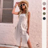Summer Casual Solid Color Sleeveless Dress Slim Fit Asymmetrical Design Cotton Linen Blend Perfe