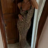 Fashionable Leopard Print Dress for Women Low Cut Neckline Lace Trim Backless Design Perfect for