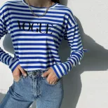 Womens Long Sleeve Cotton T Shirt Floral Stripe Print Soft and Loose Fit Spring Summer Fashion T