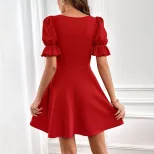 Womens Spring Summer Dress Solid Color Slim Fit Short Sleeve Square Neck Midi Length Casual or F