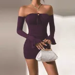 Purple Off Shoulder Mini Dress Sexy Design Summer Style Lightweight Fabric Perfect for Parties a