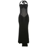 Chic Womens Maxi Dress Halter Neck Sheer Mesh Solid Color Flowing Design Perfect for Parties and