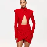 Bodycon Dress Hollow Out Design Shoulder Pads Long Sleeve Solid Color Elegant for Parties and Ev