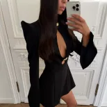 Fashionable Womens Hollow Out Dress Sexy Shoulder Pads Solid Color Waist Defining Design Autumn