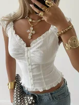 French Style White Sleeveless Top V Neck Single Breasted Waist Defining Ruffled Sleeves Casual S